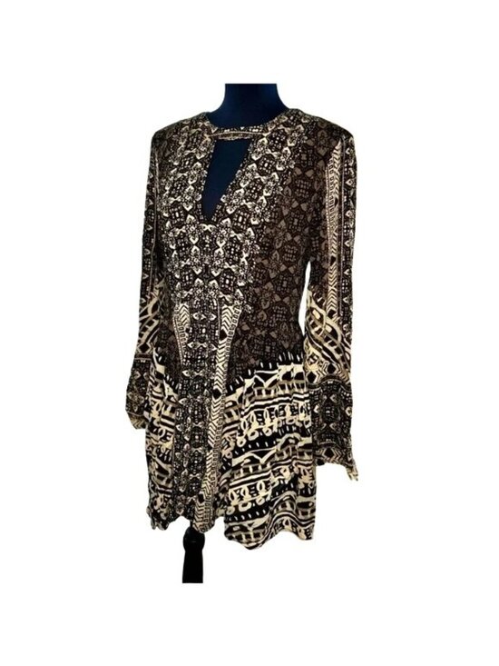 Free People Tegan Black Borders Keyhole Long Sleeve Mini Dress - Picture 5 of 8